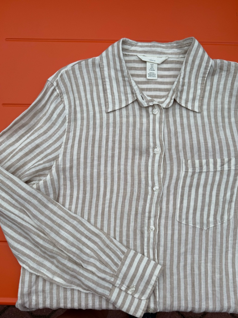 Striped Tan & White Casual Button-Down Shirt